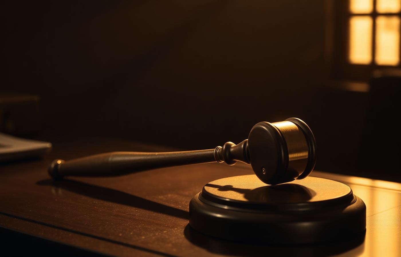 Gavel resting on a desk in warm light